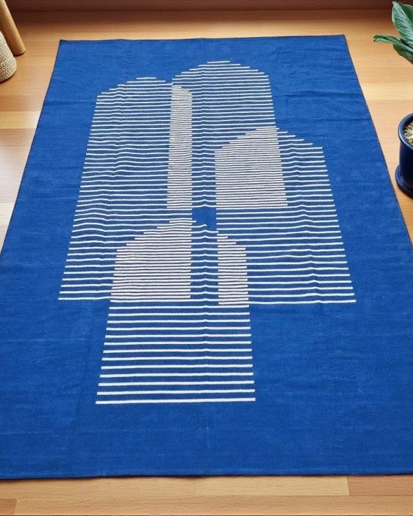 Blue Striped Rug, Handwoven Cotton Rugs, Large Area Rug for Living Room Rug, Outdoor Rug, Kitchen Rug 5x8 Feet